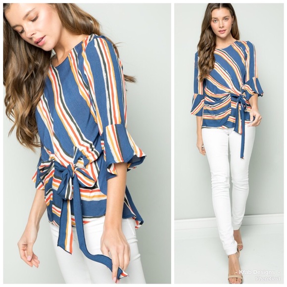 🥰LAST 1! Woven Striped Front Tie Ruffle Top! - Picture 5 of 5